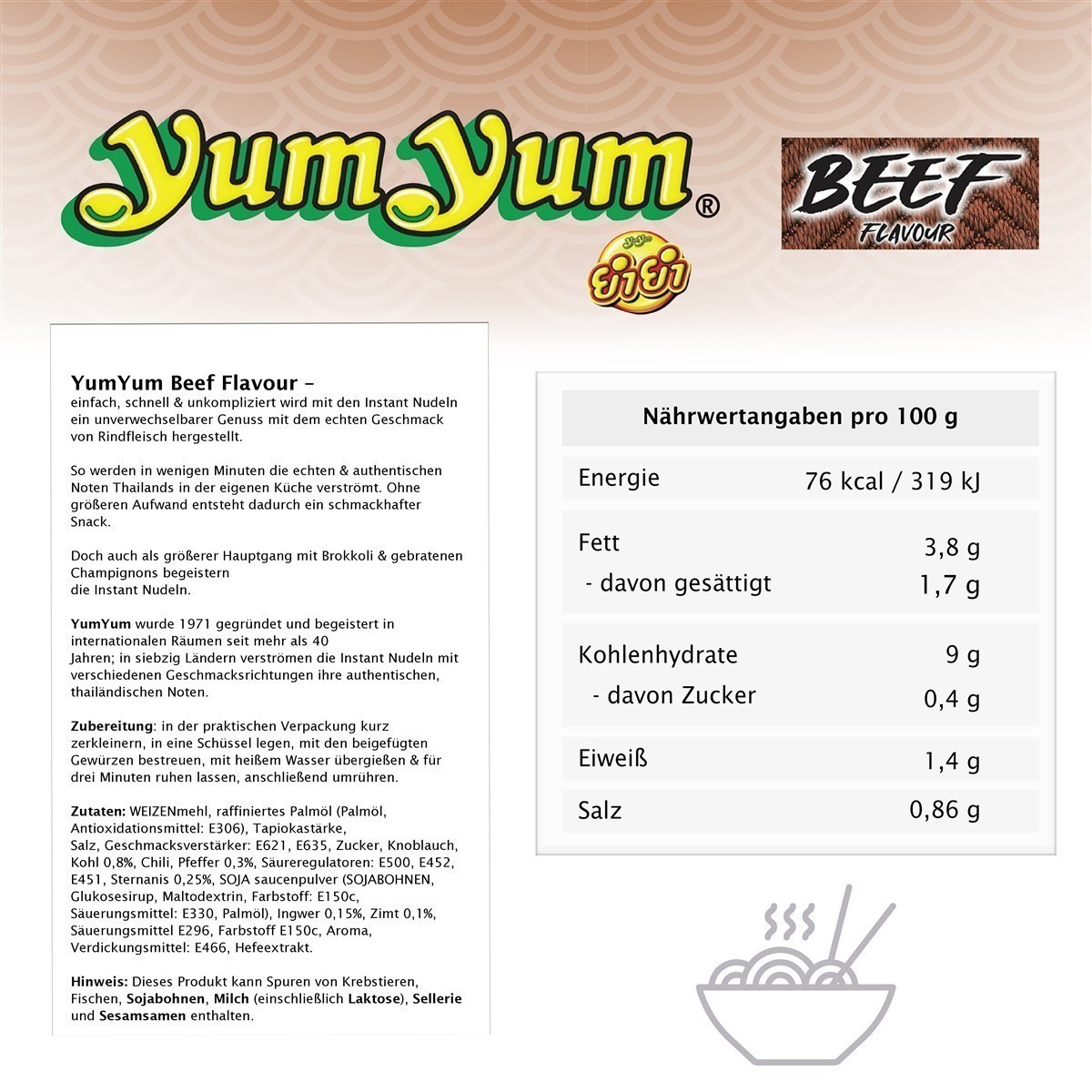 YumYum Beef Flavour Cup 36x 70g Asiatische Instant Nudeln mit Rindfleischgeschmack