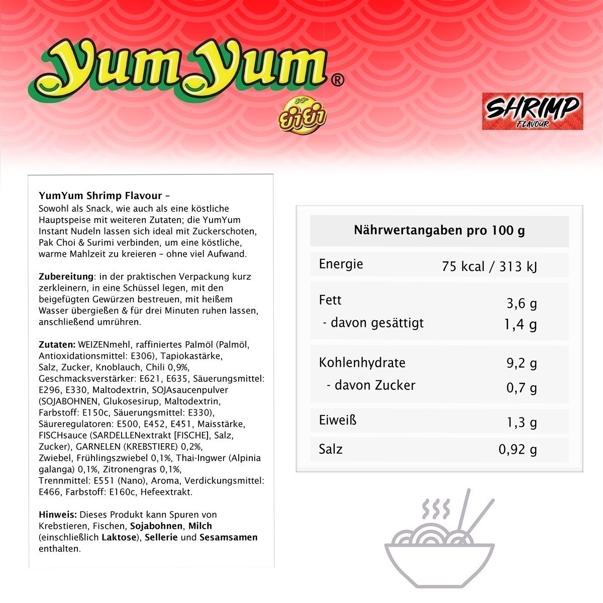 YumYum Shrimp Flavour Cup 36x 70g Asiatische Instant Nudeln mit Garnelengeschmack
