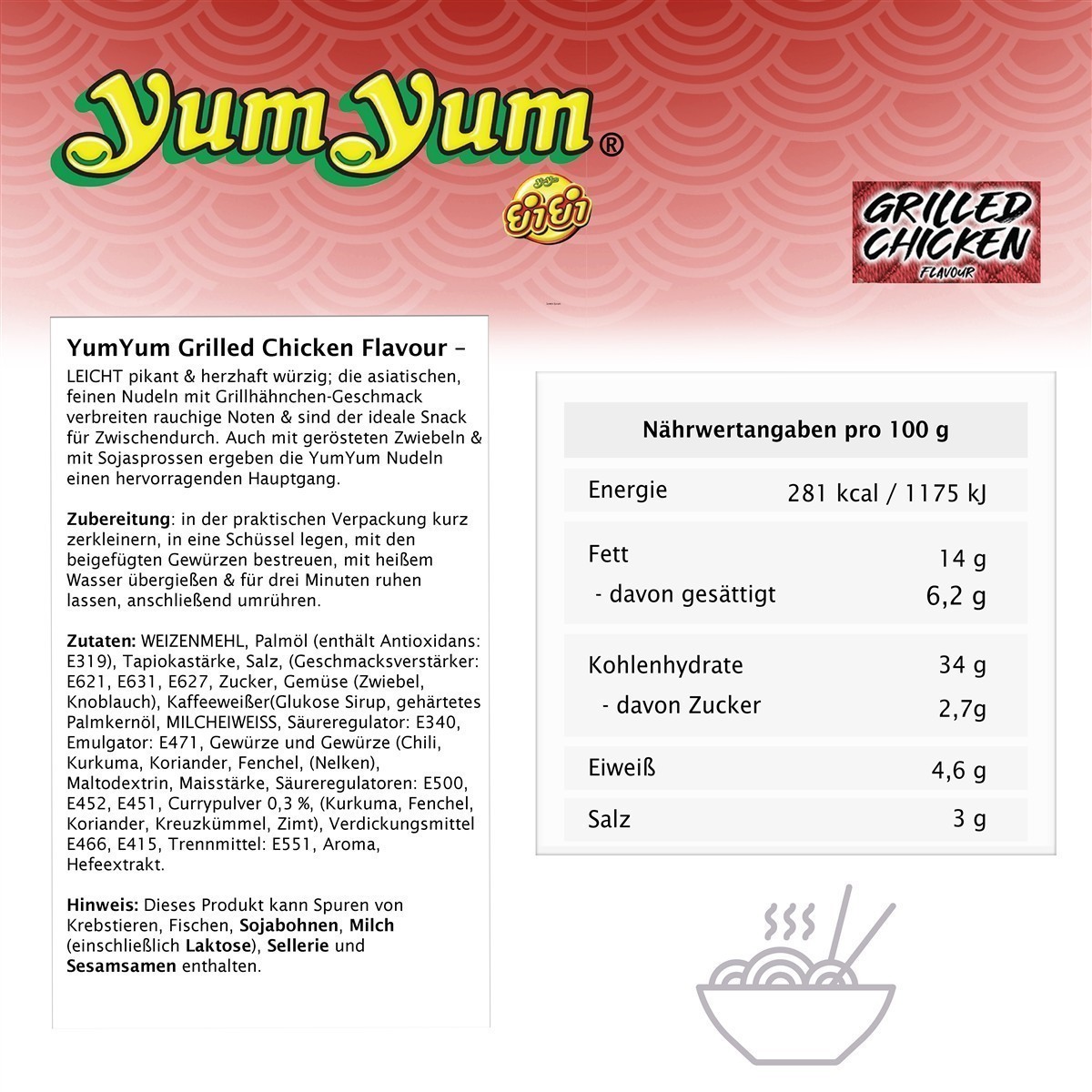 YumYum Grilled Chicken Flavour 120x70g Instant Nudeln mit Grillhähnchen-Geschmack